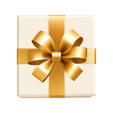 Luxury ivory cream gift box with gold ribbon bow isolated on transparent background