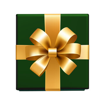 Luxury dark green gift box with gold ribbon bow isolated on transparent background