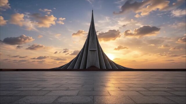 Low angle view of a tall concrete memorial tower under a warm sunset sky monument architecture structure plaza dusk