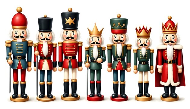 Set of seven nutcracker soldiers in military uniforms with crowns and staffs.