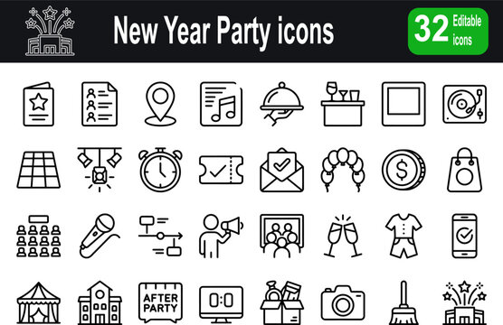 Event and party planning icon set in line style. Guest list and venue linear icon collection. Containing invitation, catering, dj, balloon arch, seating plan and more. Editable stroke