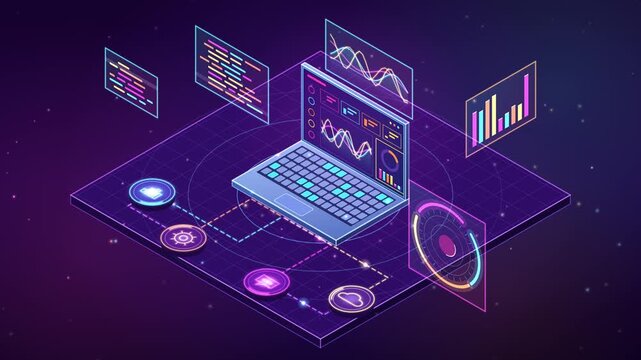 Isometric laptop surrounded by glowing neon data visualizations and analytics interface