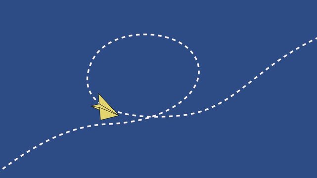 Yellow paper airplane animation flying in a loop with a white dashed flight path on a blue background.