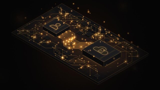 Isometric microchip motherboard with glowing data circuits and digital cloud technology concept