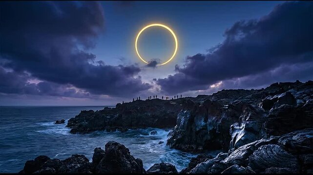 Glowing ring eclipse over dramatic dark ocean and rugged volcanic coastline with observers at twilight