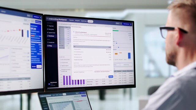 An Insurance Underwriter Reviews Risk Data Using Analytics Software