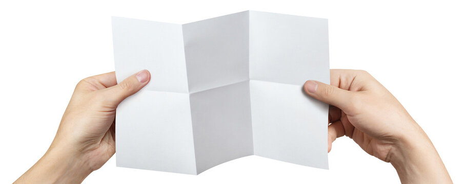 Unfolded white paper sheet with six sections held by two hands, isolated on transparent cutout background