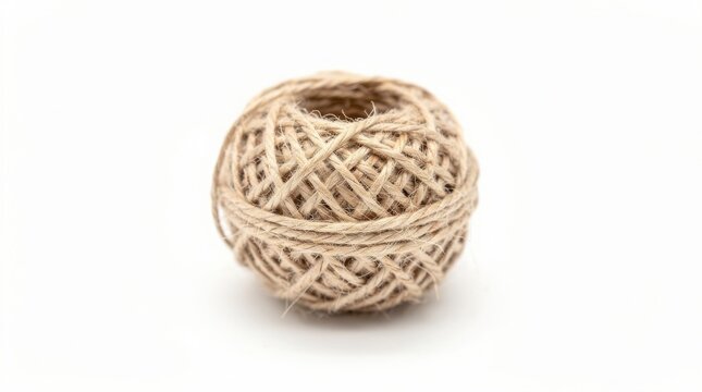 A tightly wound ball of natural jute twine on a white background.