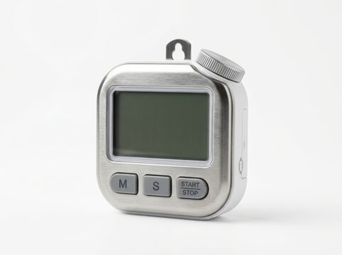 Digital stopwatch with metal casing and buttons on white background