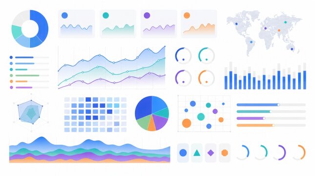 A collection of colorful charts and graphs showing various data visualizations including line graphs, pie charts, bar charts, scatter plots, and world maps.
