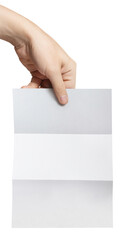 Obraz na płótnie Canvas Hand holding unfolded blank white paper letter, isolated on transparent cutout background