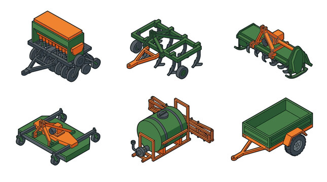 Collection of six green and orange farm machinery implements including seeder and trailer in isometric style on white background. Perfect for agricultural technology and farming infographics.