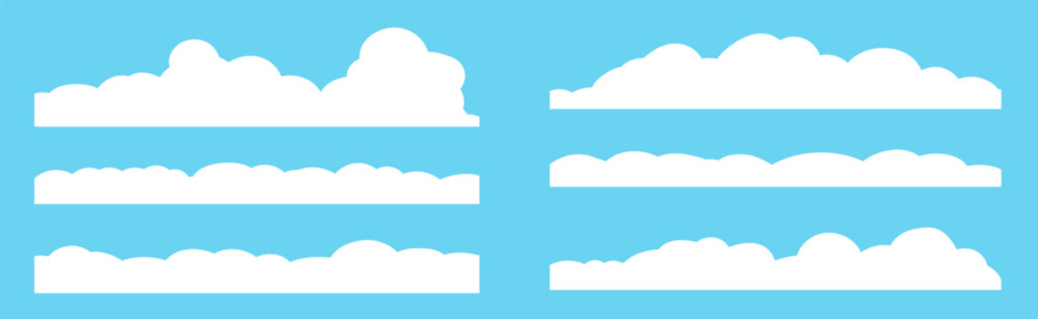 Geometric cloud border set. Fluffy cloudy shapes in blue sky