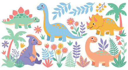 Cute cartoon dinosaurs and prehistoric plants playful illustration. © Amir