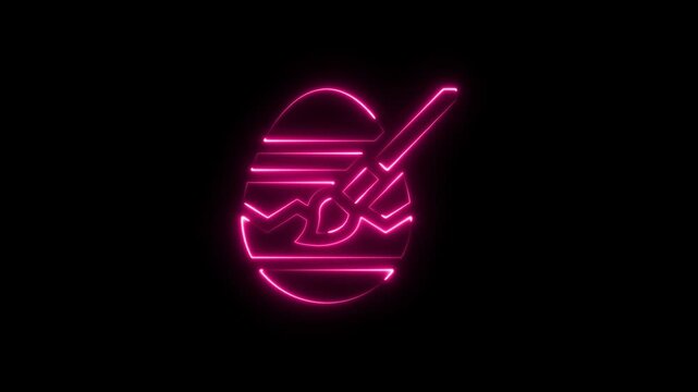 Pink neon light icon of an easter egg being painted with a brush on a black background