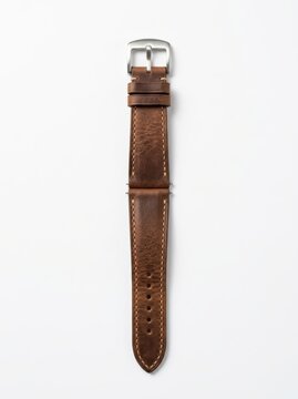 Brown leather watch strap with silver buckle on white background