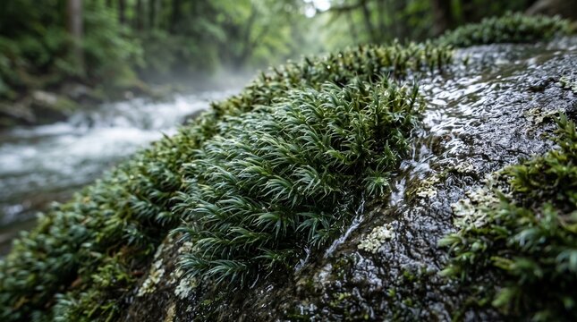 Racomitrium aquaticum Moss and lush vegetation grow densely on a wet rock beside a flowing stream in a dense forest.