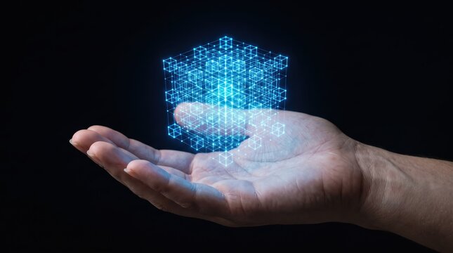Hand holding glowing blue cryptocurrency blockchain cube hologram against black background, symbolizing digital currency, secure financial technology, distributed ledger system
