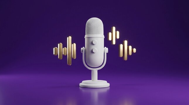 Modern white studio microphone standing centered against a vibrant solid purple background with glowing golden sound wave icons floating around the audio recording device
