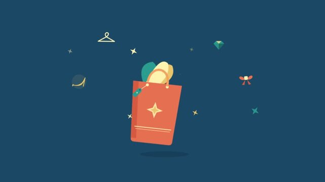 Flat vector illustration of a shopping bag filled with fashionable clothing and accessories.