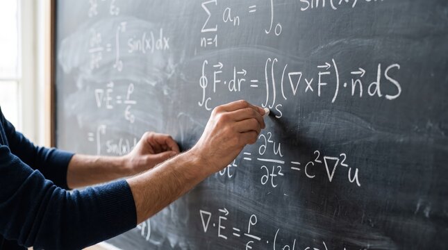 University professor writing complex mathematical formulas and physics equations on a blackboard, illustrating higher education teaching, scientific research, academic study