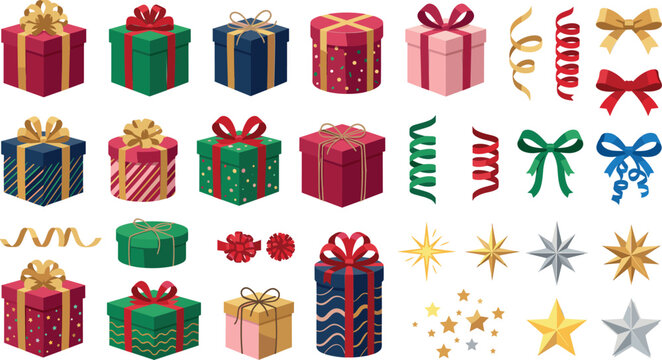  Christmas Gift Box Vector Set with Wrapped Presents Colorful Packages Bows Streamers and Decorative Stars for Holiday Greeting Cards and Festive Season Graphics