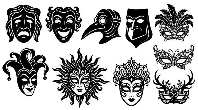 Carnival mask vector theater in masquerade silhouette venetian of drama comedy costume festival carnivalmask set