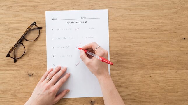 Teacher grades a printed math assessment test using a red pen on a wooden desktop.