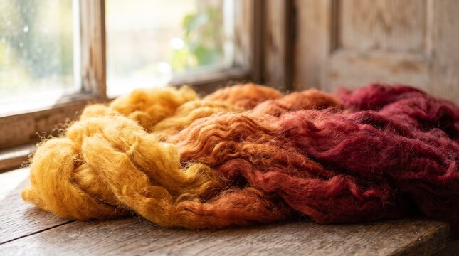 Gradient dyed wool roving on wooden surface near window