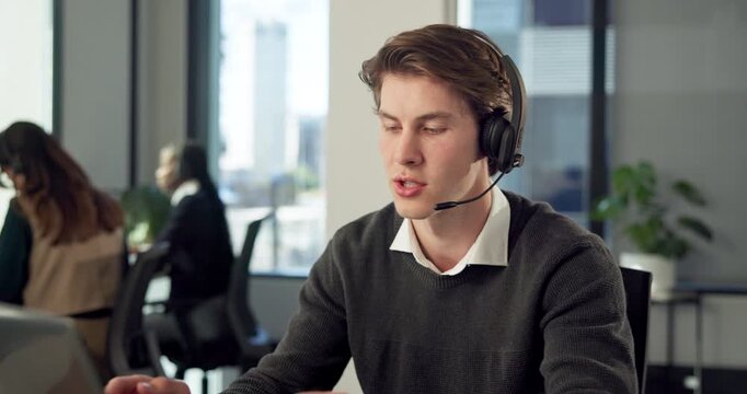 Man, agent or laptop with headset in office for virtual assistance, communication or support. Male person, consultant or talking with mic on computer for online service or helpful advice in workplace