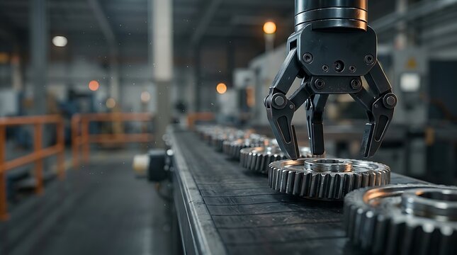 Robotic arm gripper assembly line with metal gears in modern factory, automated industrial manufacturing process, precision robotics technology for smart production and engineering.