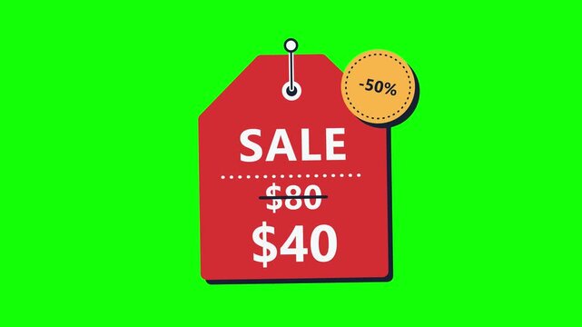 Red tag with discount badge showing fifty percent off as crossed-out price drops to sale value. Retail promo overlay on green screen, black, and white variants for shopping and marketing.