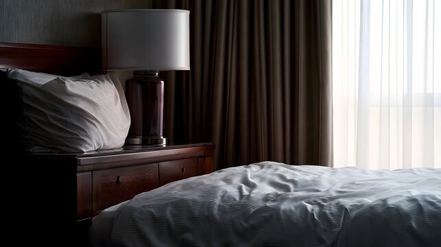 A serene hotel bedroom scene with a wooden bedside table  lamp  and bed under soft window light