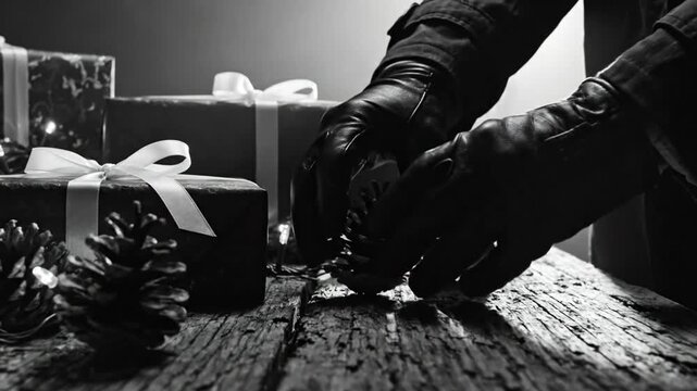 Black and white shot of gloved hands placing pine cones on a wooden table with wrapped gifts and decorative lights