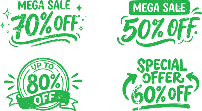 Set of four green grunge discount sale stickers with varied percentage off offers