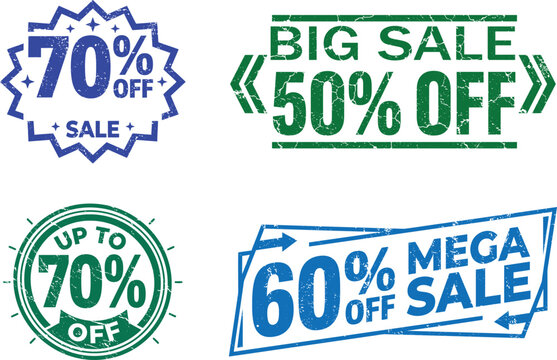 Collection of four promotional discount stickers with green and blue percentage pricing designs