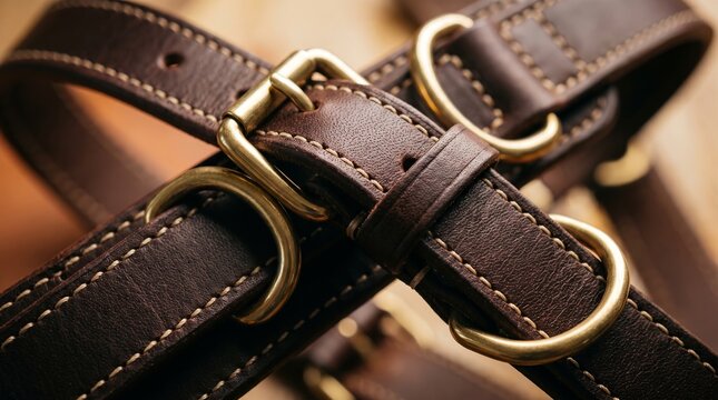 Detailed macro close-up of dark brown leather straps featuring polished brass buckles and rings with precise contrast stitching