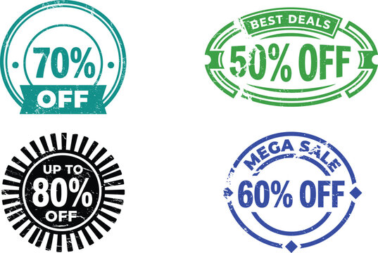 Circular discount badges and sale promotion seals with vintage weathered effects