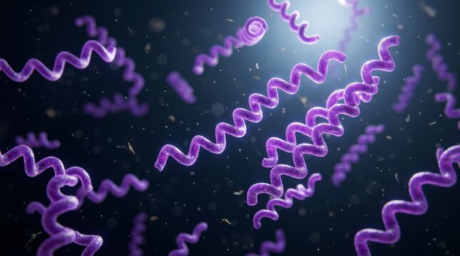 Purple spiral bacteria floating on a dark blue background