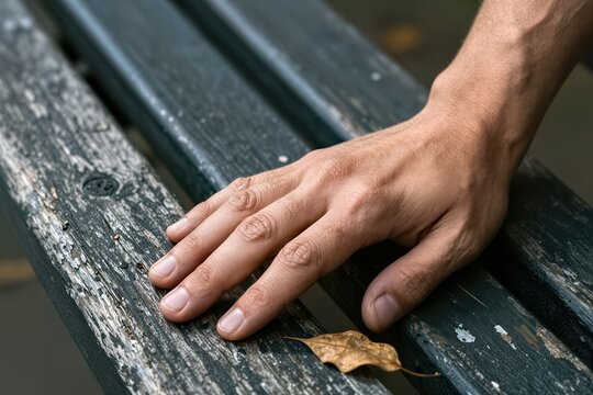 Captures Close Of Human Hand Resting On Weathered Wooden Bench To Belong Adult With Signs Aging As Wrinkles Creases Skin Nails Neatly