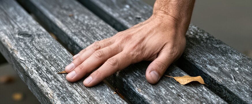 Captures Close Of Human Hand Resting On Weathered Wooden Bench To Belong Adult With Signs Aging As Wrinkles Slightly Aged Skin Texture