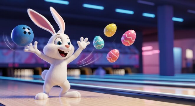 Cartoon white easter bunny playing bowling with colorful decorated easter eggs on a bowling alley