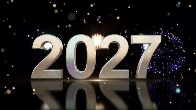 Luxury Metallic Gold 2027 New Year Celebration with Colorful Fireworks, Glowing Particles and Reflective Black Floor