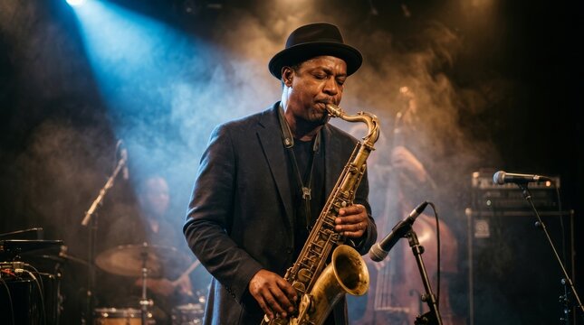Jazz musician performing live on stage with spotlight.