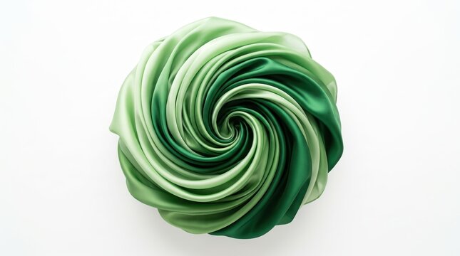 Green silk fabric swirl artistic background texture, flowing green material abstract design, elegant satin folds creating spiral pattern, smooth gradient from light to dark green