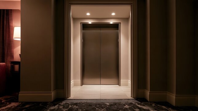 A modern hotel hallway with a closed elevator door  warm ambient lighting  and textured walls  viewed from a carpeted corridor