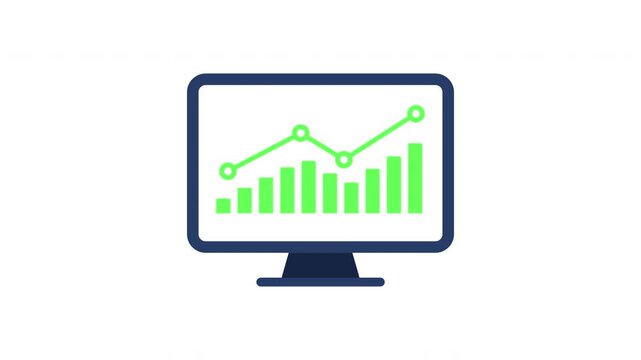 Animated computer monitor showing a growing bar and line chart, website traffic analytics and digital marketing growth concept, transparent background