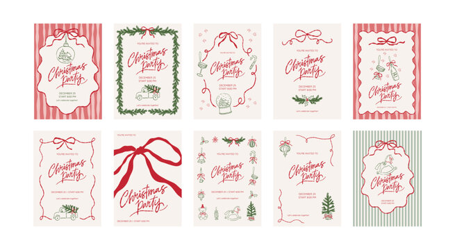 Christmas Hand Drawn Doodle Set with Festive Ornaments and decor elements. Vector print