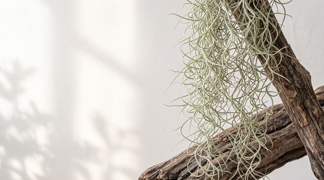 Spanish moss Tillandsia usneoides hanging on rustic driftwood, soft window shadow and copy space background