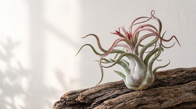 Tillandsia caput-medusae air plant with twisting serpentine leaves on rustic driftwood, soft window shadow copy space